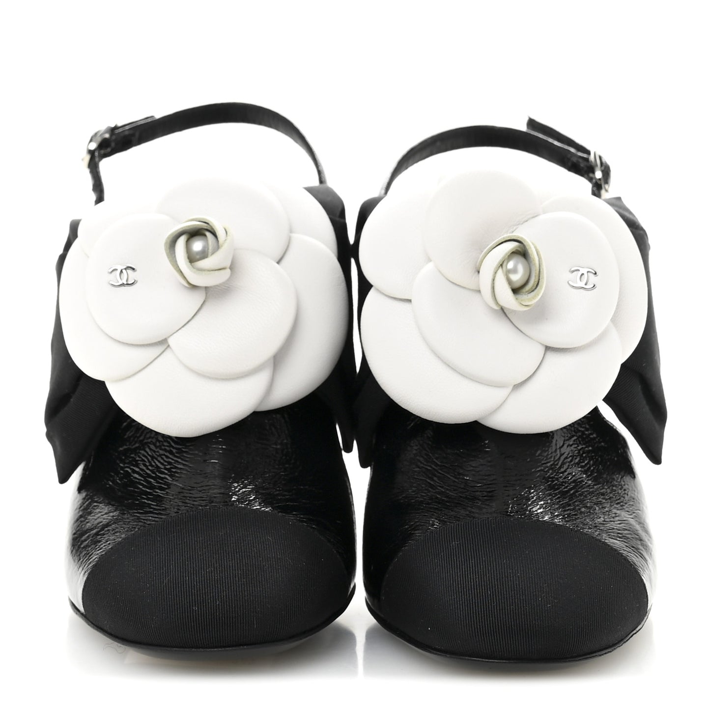 Crumpled Shiny Fabric Grosgrain Cap Toe Camellia Bow Slingback Pumps 36 Black