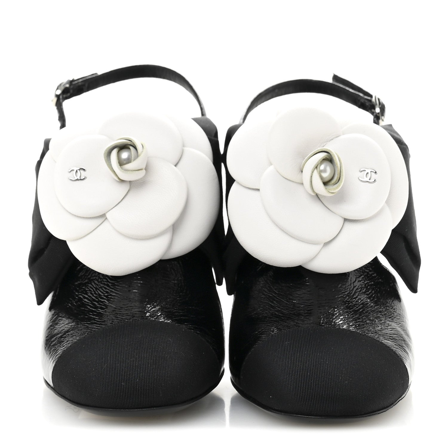 Chanel Crumpled Shiny Fabric Grosgrain Cap Toe Camellia Bow Slingback Pumps 36 Black 3 of 11
