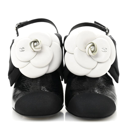Chanel Crumpled Shiny Fabric Grosgrain Cap Toe Camellia Bow Slingback Pumps 36 Black 3 of 11