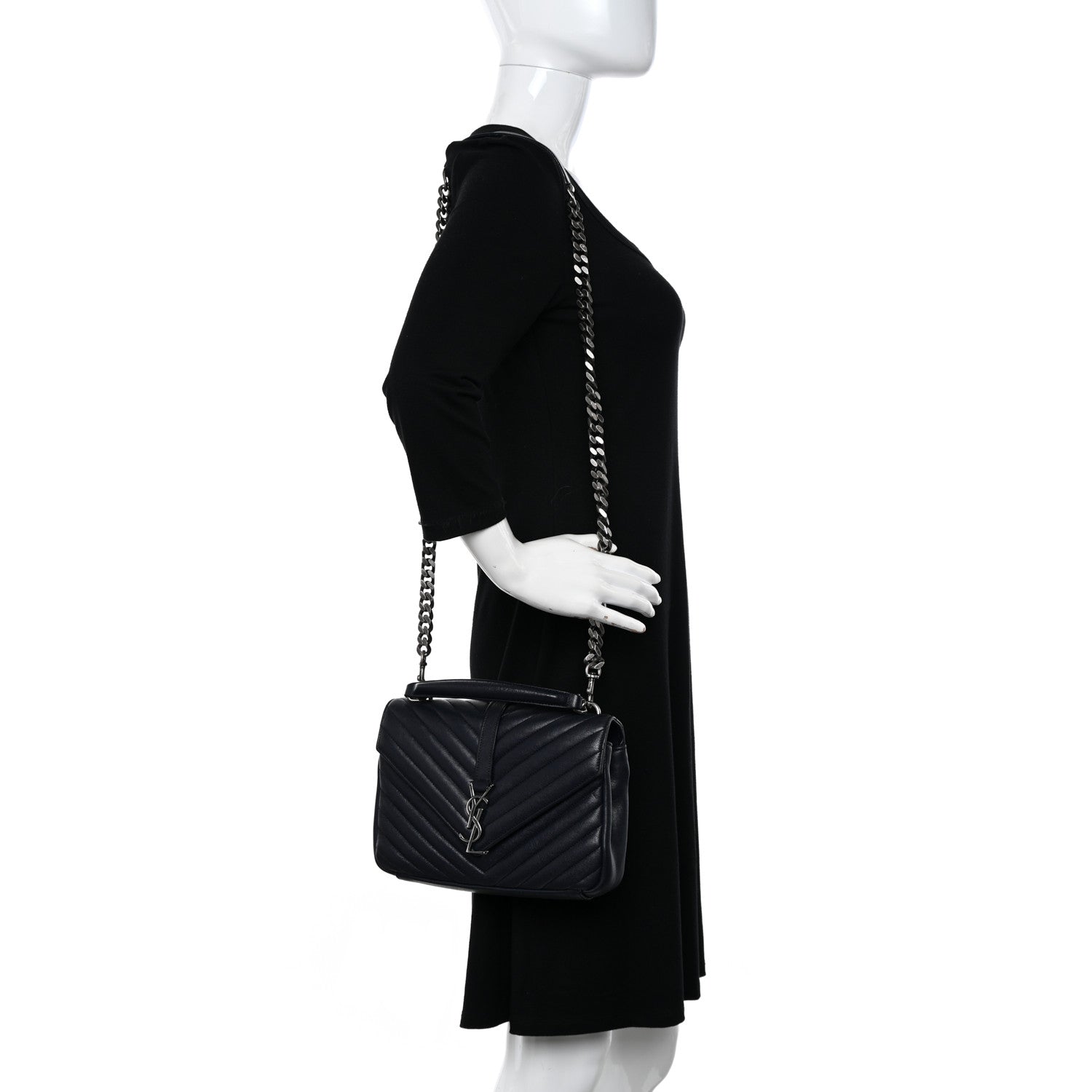 Saint Laurent Sheepskin Matelasse Chevron Monogram Medium College Bag Deep Marine 2 of 13