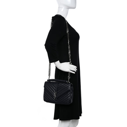 Saint Laurent Sheepskin Matelasse Chevron Monogram Medium College Bag Deep Marine 2 of 13