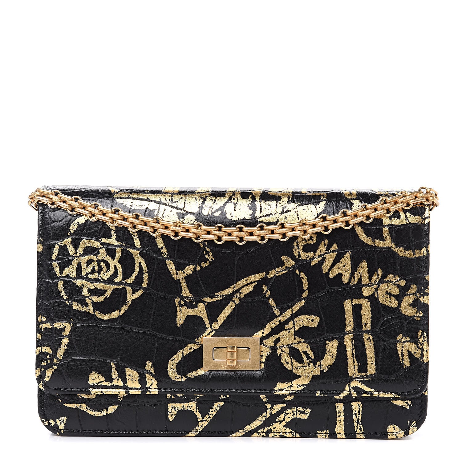 Chanel Calfskin Crocodile Embossed Graffiti 2.55 Cocodile Reissue Wallet On Chain WOC Black Gold 1 of 12