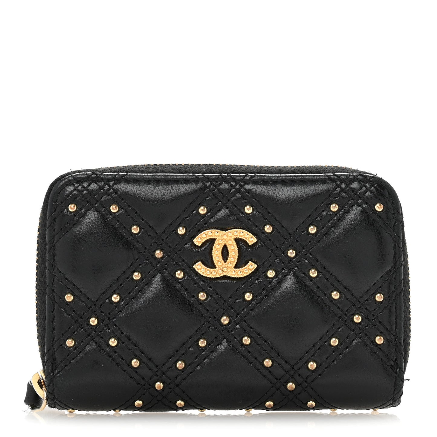 Lambskin Studded Quilted Compact Zip Around Wallet Black