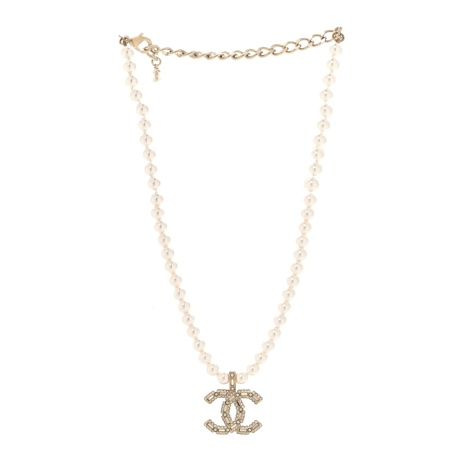 Chanel Pearl Crystal Baguette CC Short Necklace Gold 3 of 5