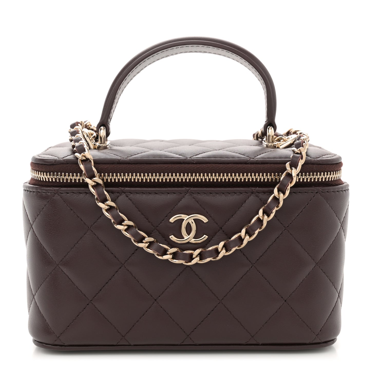 Lambskin Quilted Small Top Handle Vanity Case With Chain Dark Brown