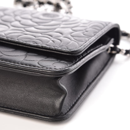 Chanel Lambskin Camellia Embossed Wallet On Chain WOC Black 10 of 11