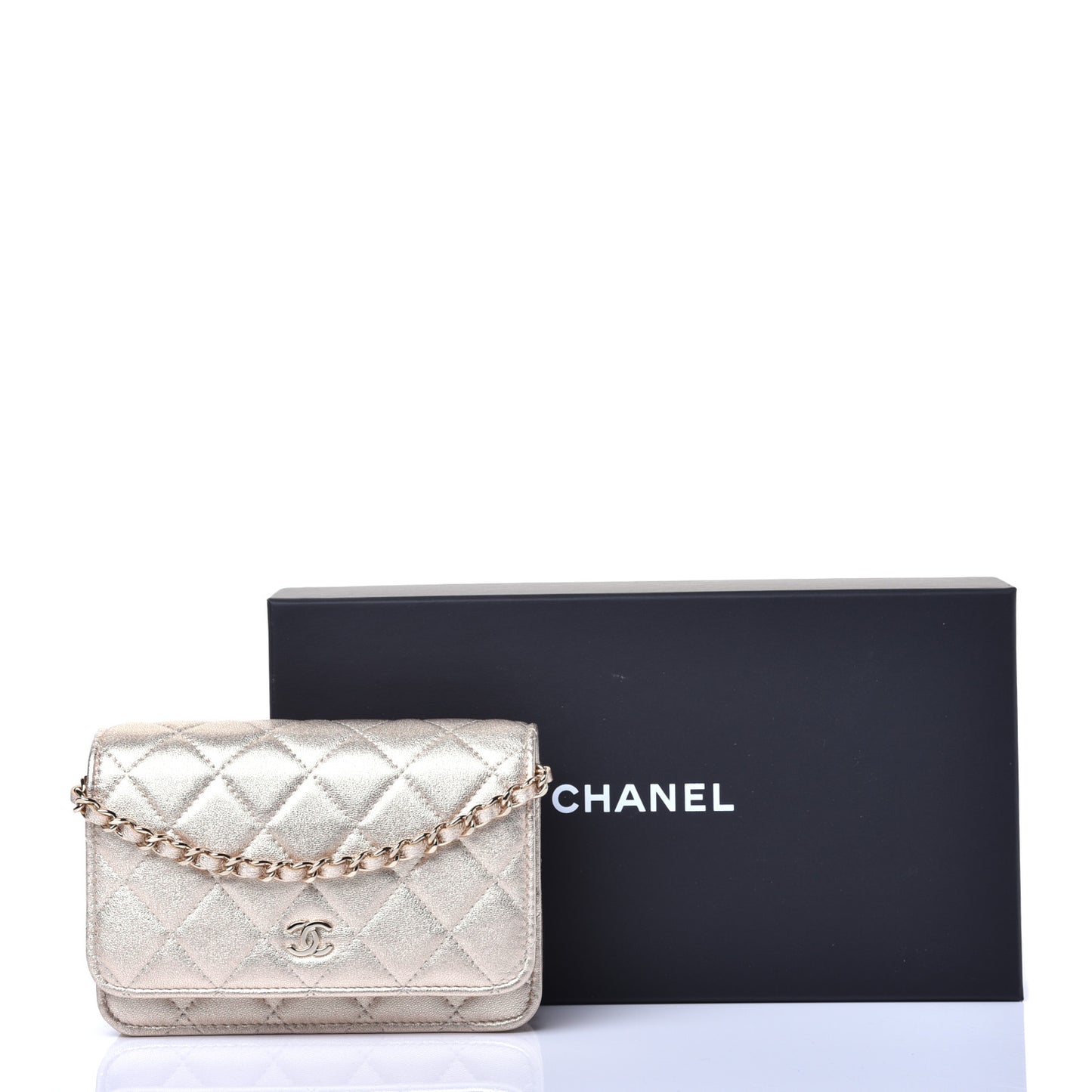 Metallic Lambskin Quilted Mini Wallet On Chain WOC Gold