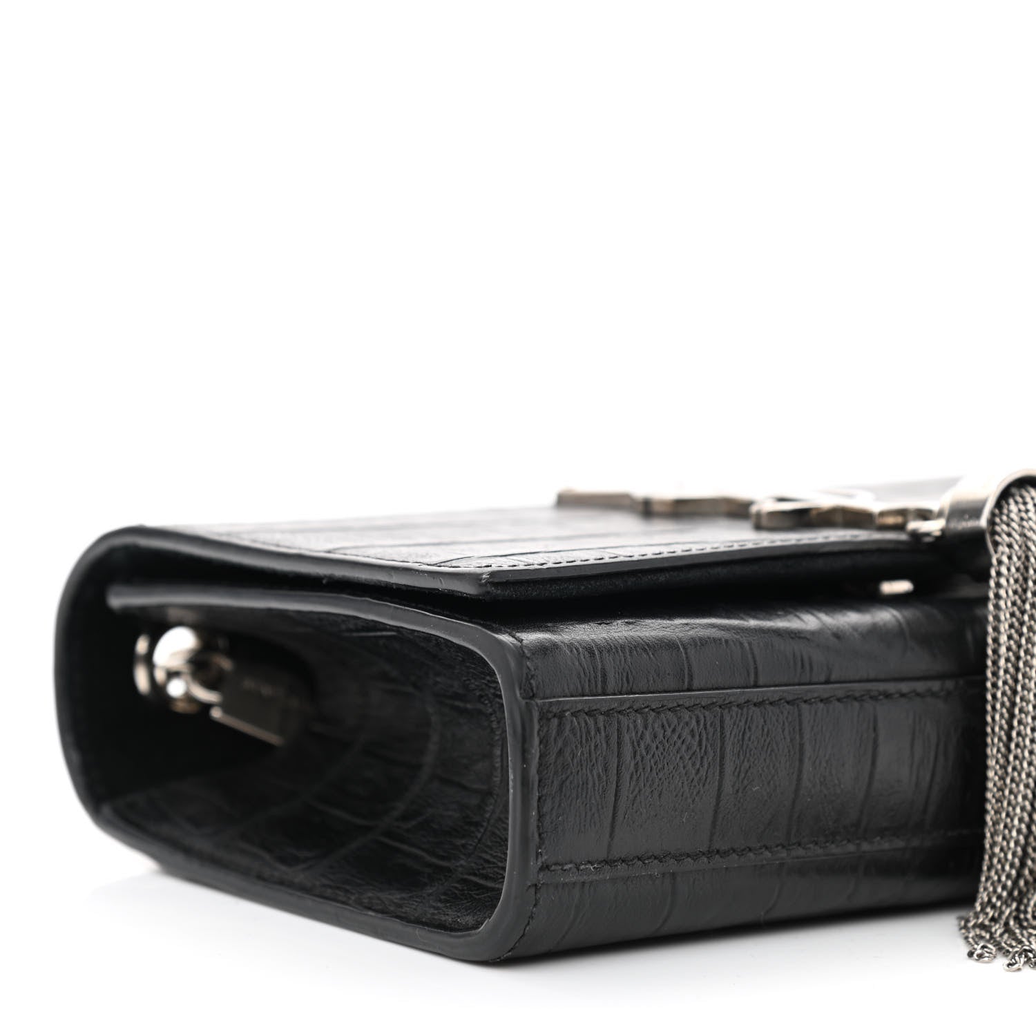 Saint Laurent Calfskin Crocodile Embossed Small Classic Monogram Kate Tassel Satchel Black 9 of 11