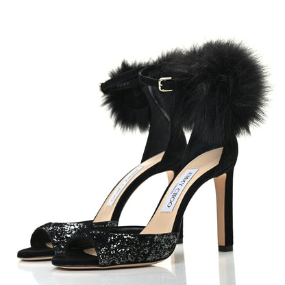 Jimmy Choo Velvet Fox Fur Suri 100 Ankle Strap Sandals 36.5 Anthracite Black 3 of 7