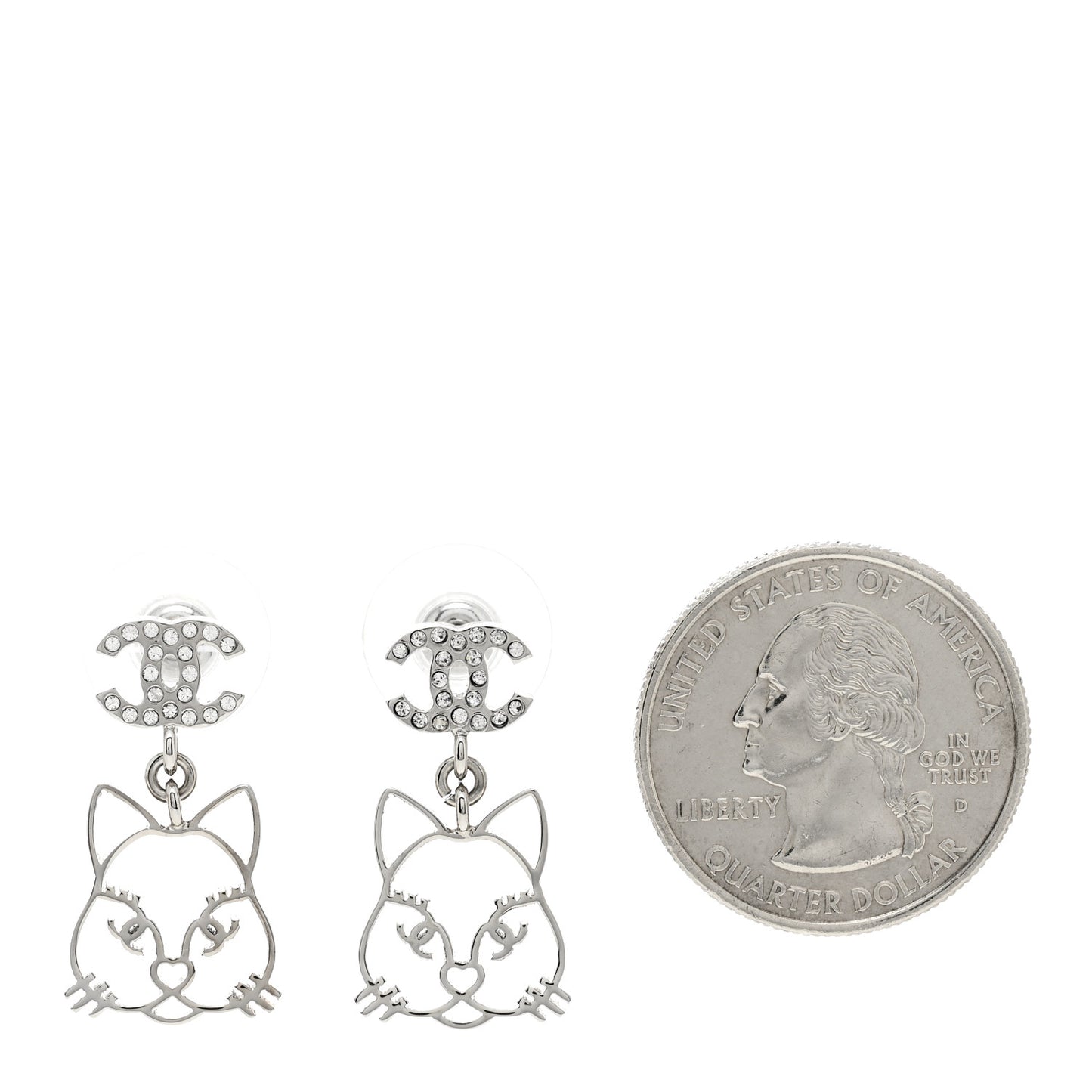 Crystal Emoji Choupette Cat CC Earrings Silver