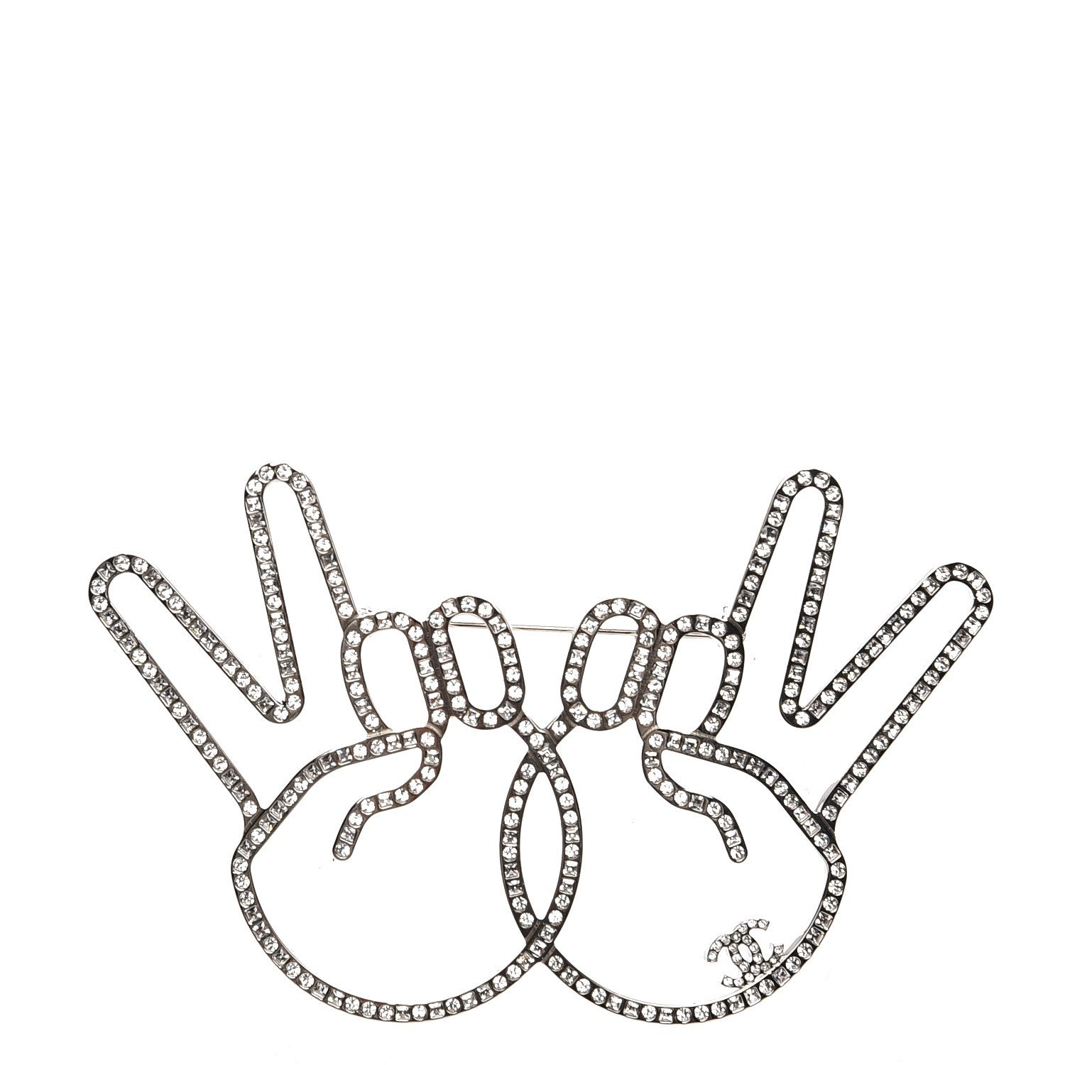 Chanel Strass Crystal Peace Sign Emoji Brooch Silver 1 of 5