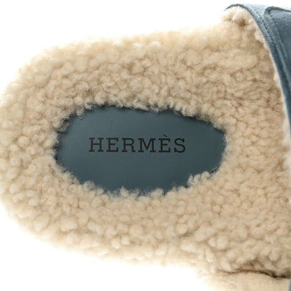 Hermes Suede Goatskin Woolskin Womens Chypre Sandals 36.5 Bleu Pinede Ecru 6 of 8