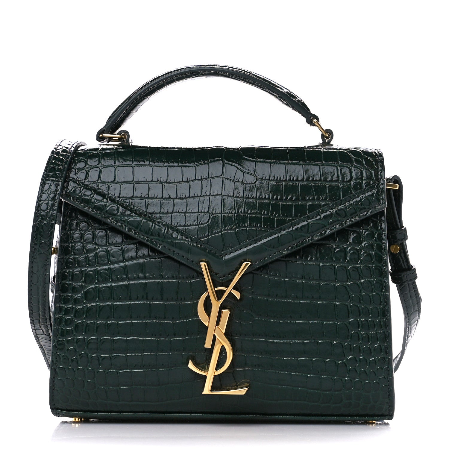 Saint Laurent Calfskin Crocodile Embossed Mini Classic Monogram Cassandra Top Handle Green 1 of 11