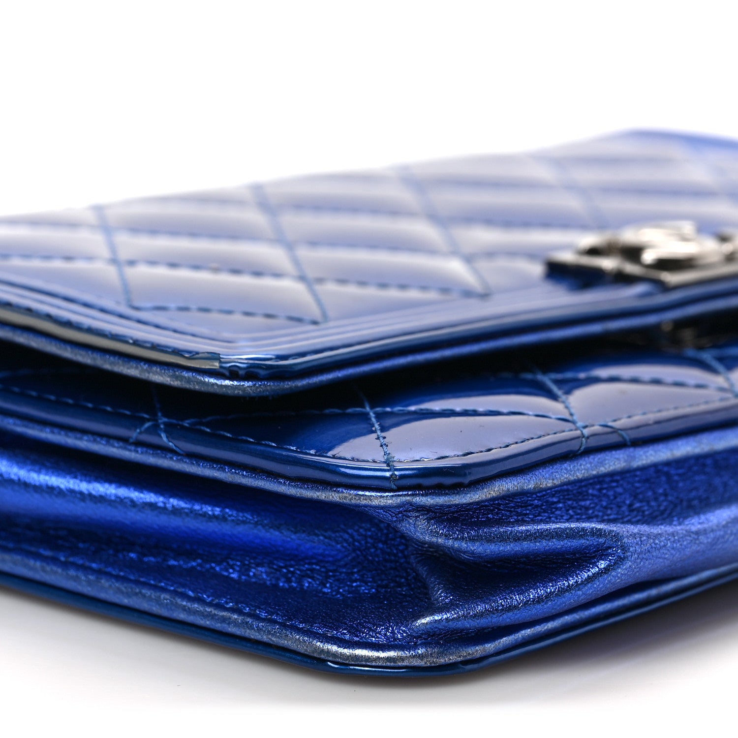 Chanel Metallic Patent Calfskin Quilted Boy Wallet on Chain WOC Blue 8 of 9