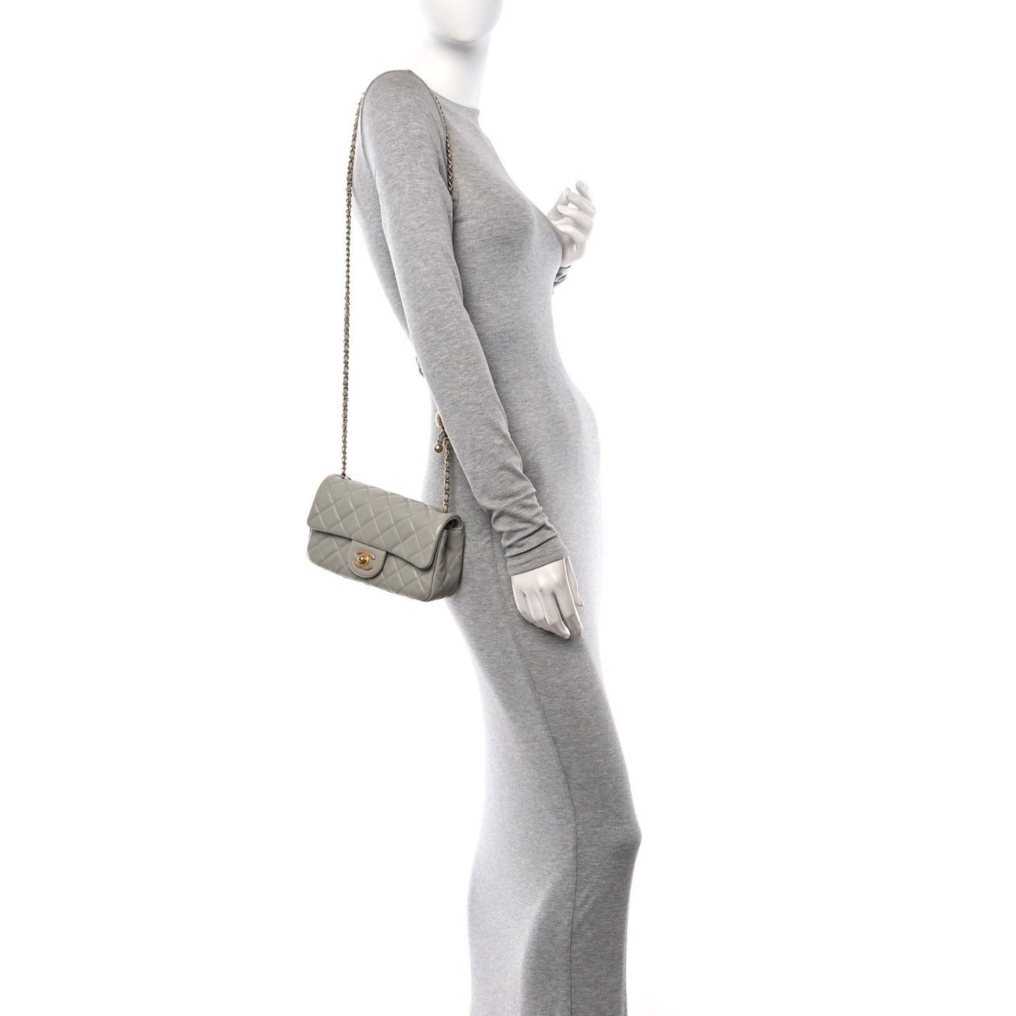 Lambskin Quilted Mini Rectangular Pearl Crush Flap Grey