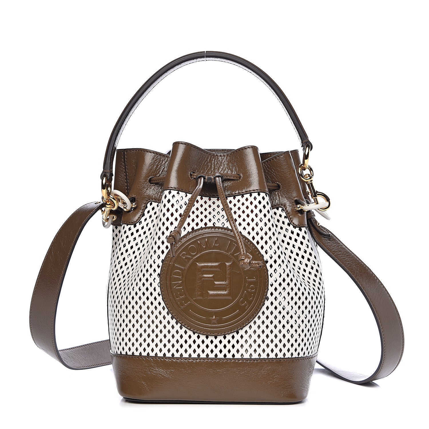 Fendi Vitello Liberty Glossy Lambskin F is Fendi Perforated Large Mon Tresor Bucket Bag White Ice Rust Maya 1 of 11
