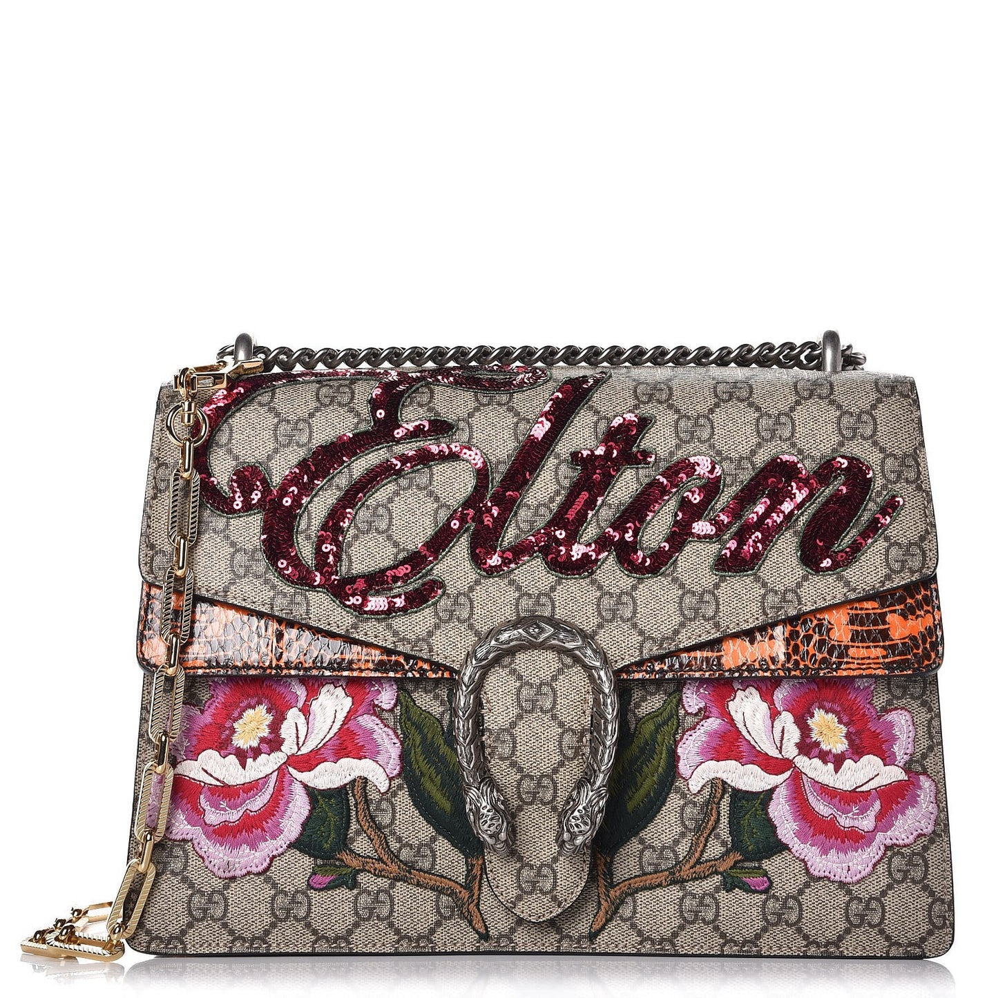 GG Supreme Monogram Snakeskin Elton Embroidered Medium Dionysus Shoulder Bag Beige Orange