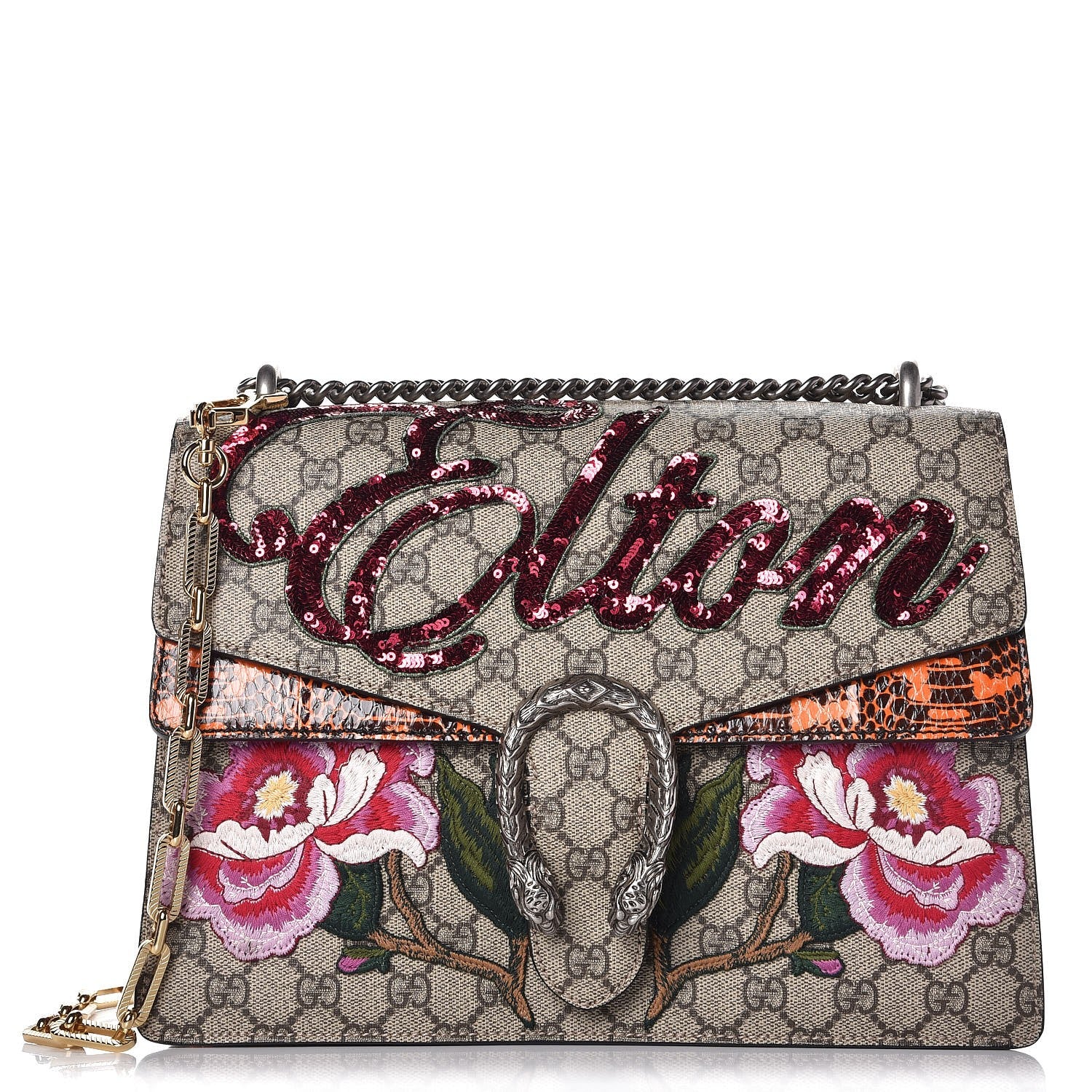 Gucci GG Supreme Monogram Snakeskin Elton Embroidered Medium Dionysus Shoulder Bag Beige Orange 1 of 8