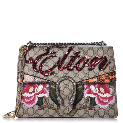 Gucci GG Supreme Monogram Snakeskin Elton Embroidered Medium Dionysus Shoulder Bag Beige Orange 1 of 8