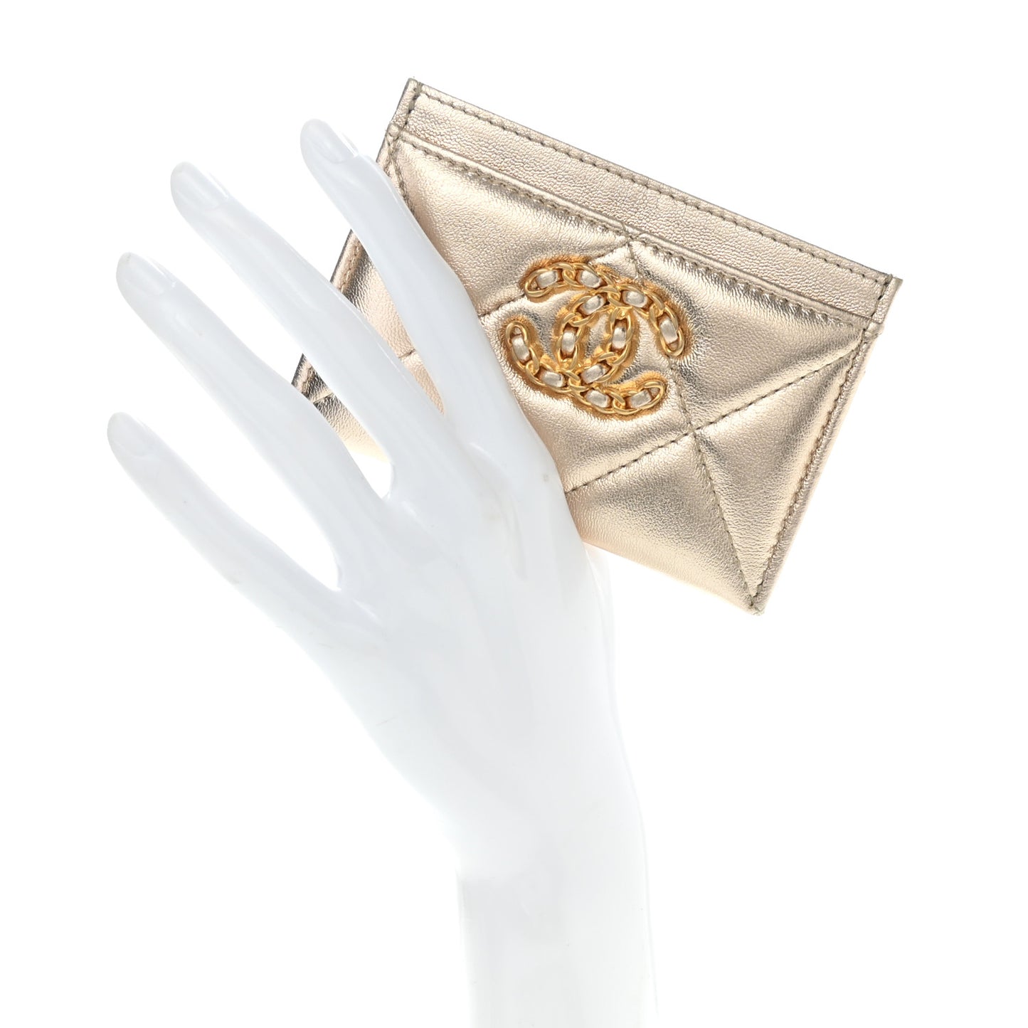 Metallic Goatskin Quilted Chanel 19 Card Holder Gold