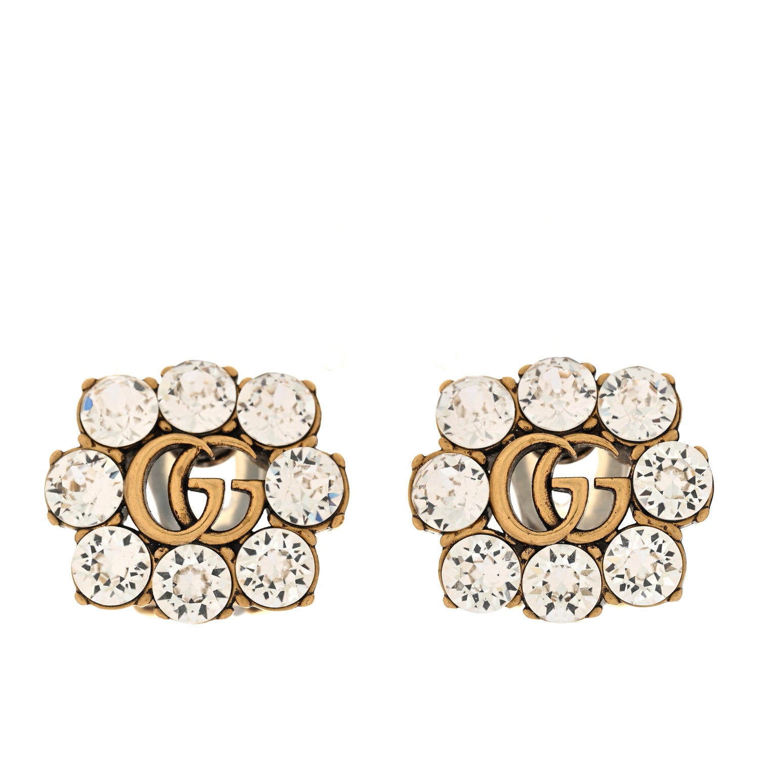 Gucci Metal Crystal Double G Clip On Earrings Aged Gold 1 of 5