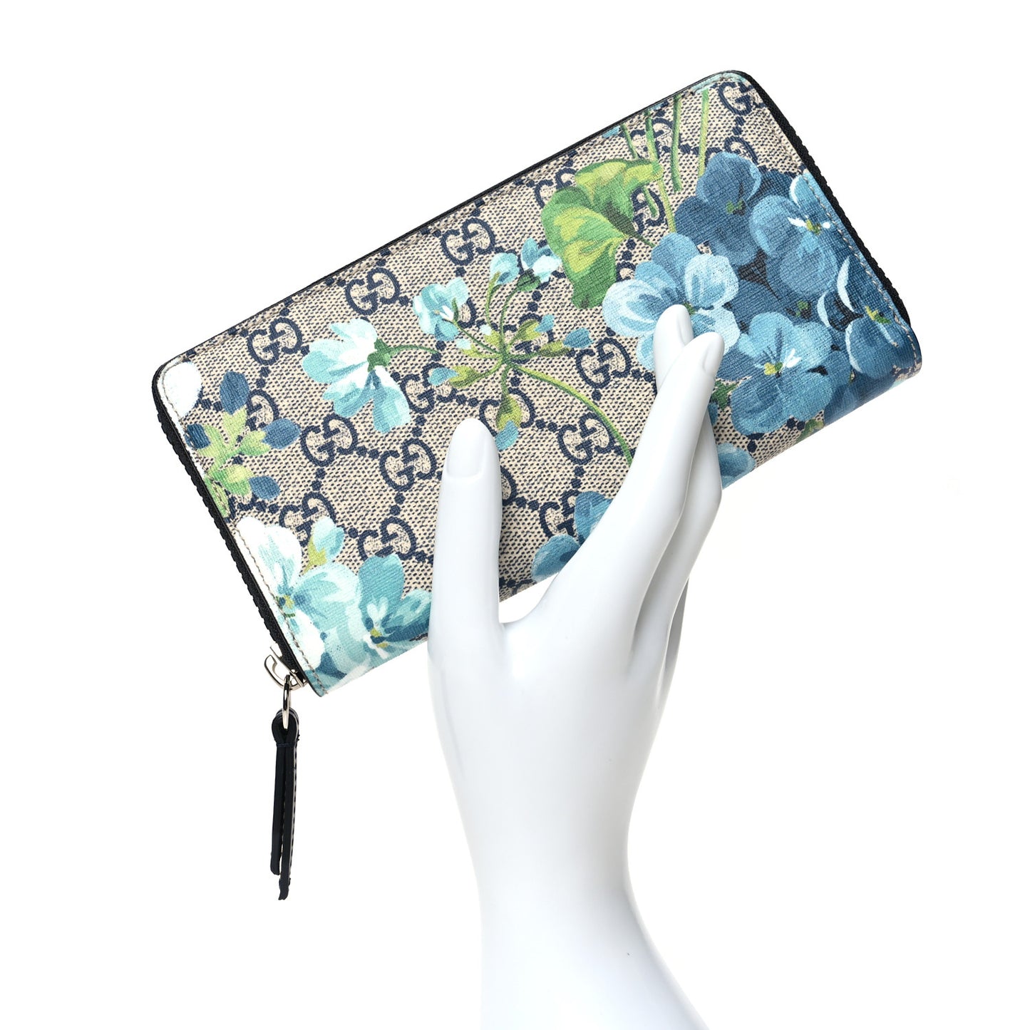 GG Supreme Monogram Blooms Zip Around Wallet Blue