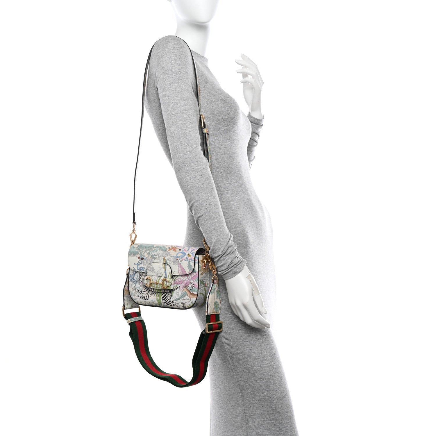 Gucci New Shangai Calfskin Tiger Savanah Web Mini Horsebit 1955 Shoulder Bag Chalky White Multicolor 3 of 10