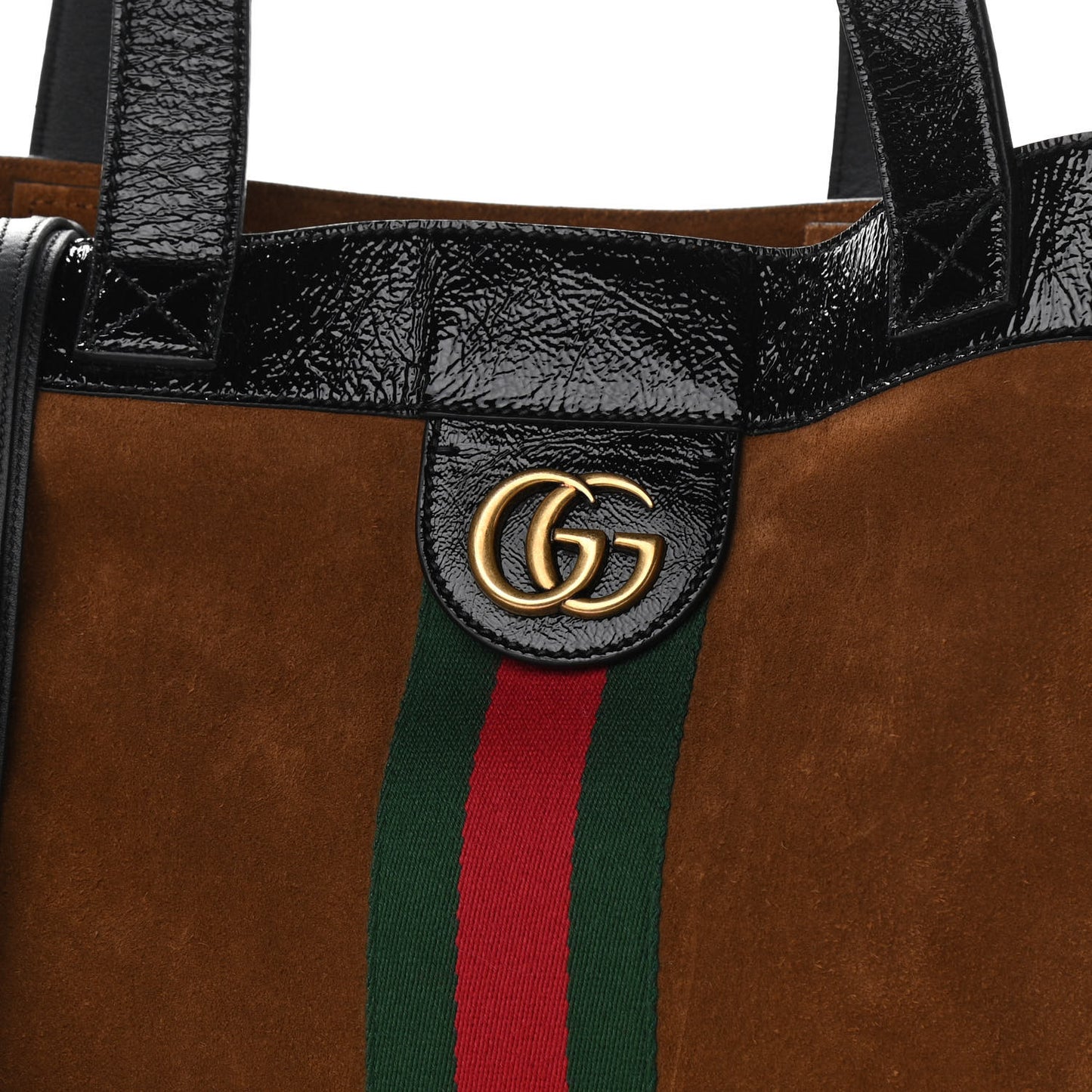 Suede Patent Web Large Ophidia Vertical Shopping Tote Nocciola Black