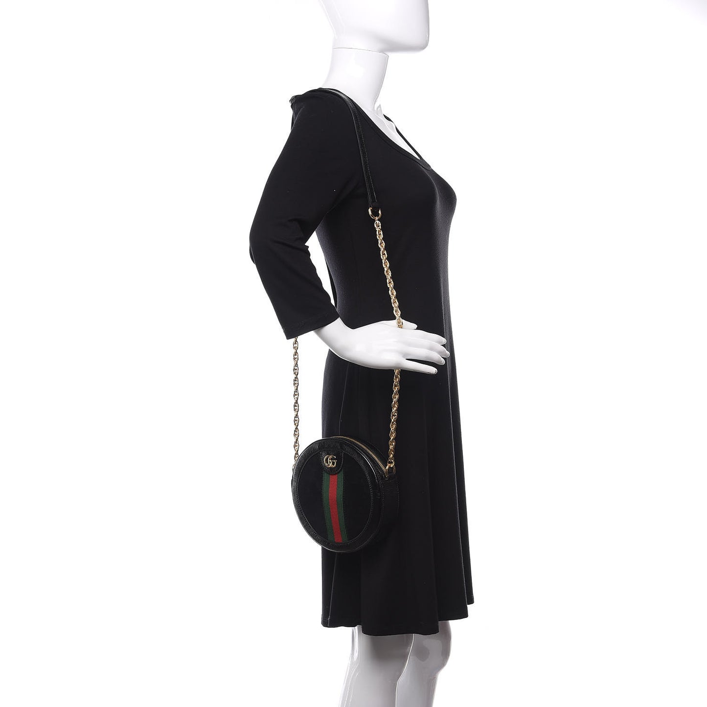 Suede Patent Web Mini Ophidia Round Shoulder Bag Black