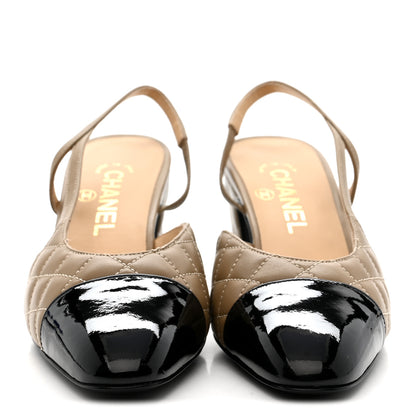 Chanel Lambskin Patent Calfskin Quilted Cap Toe CC Slingback Pumps 38 Beige Black 3 of 8