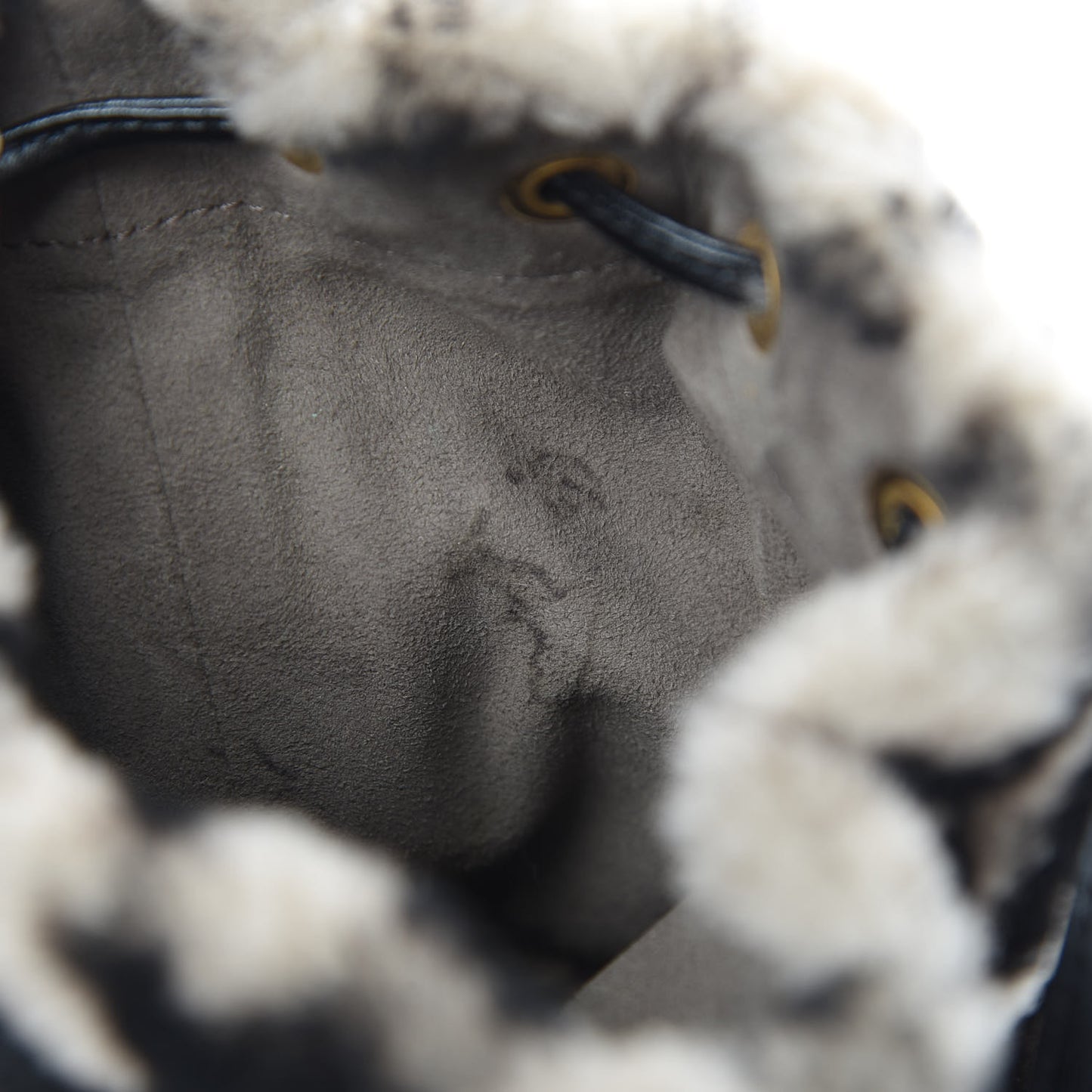 Shearling F is Fendi Macro FF 1974 Diagonal Mini Mon Tresor Bucket Bag Dove Black