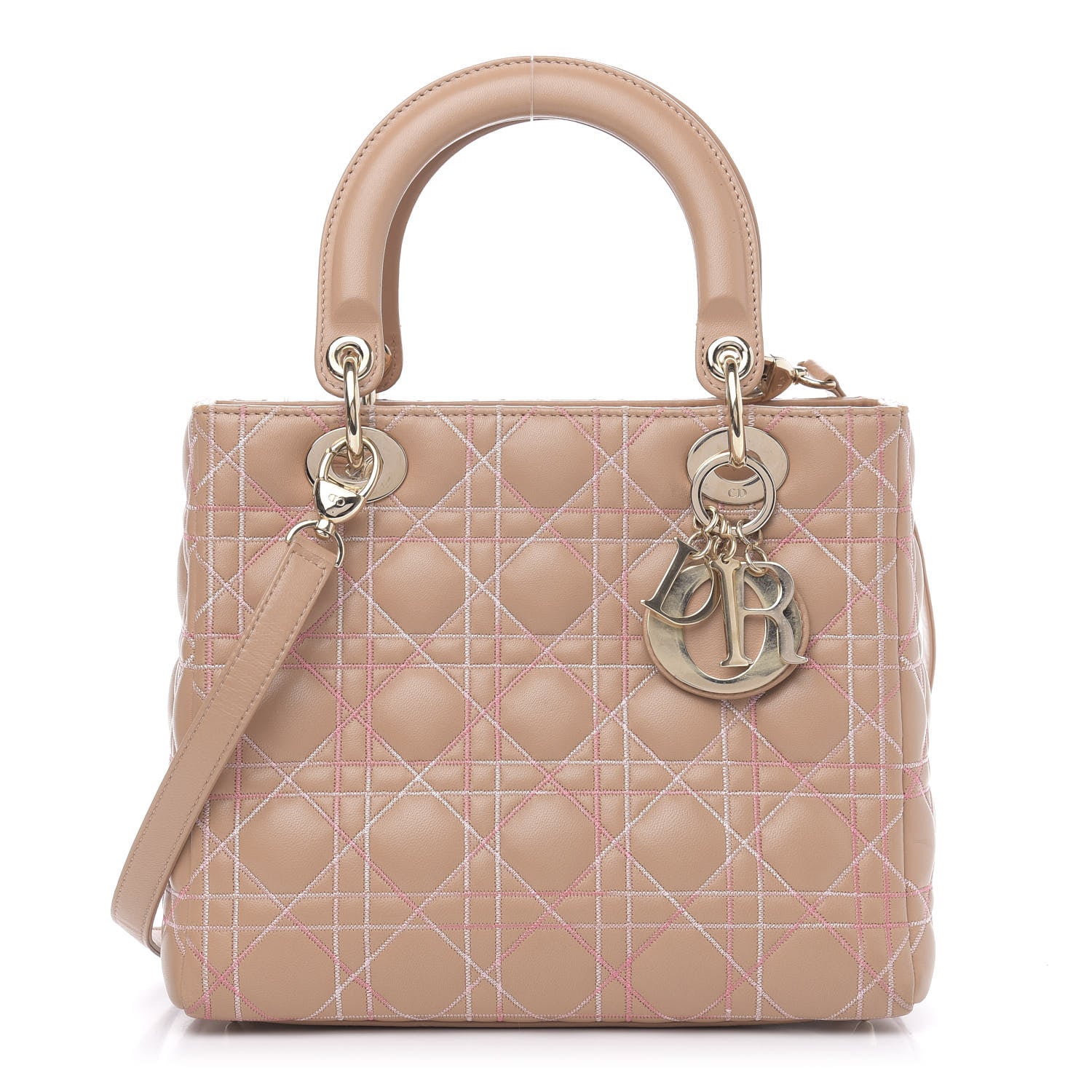 Christian Dior Lambskin Cannage Contrast Stitch Medium Lady Dior Beige 1 of 17
