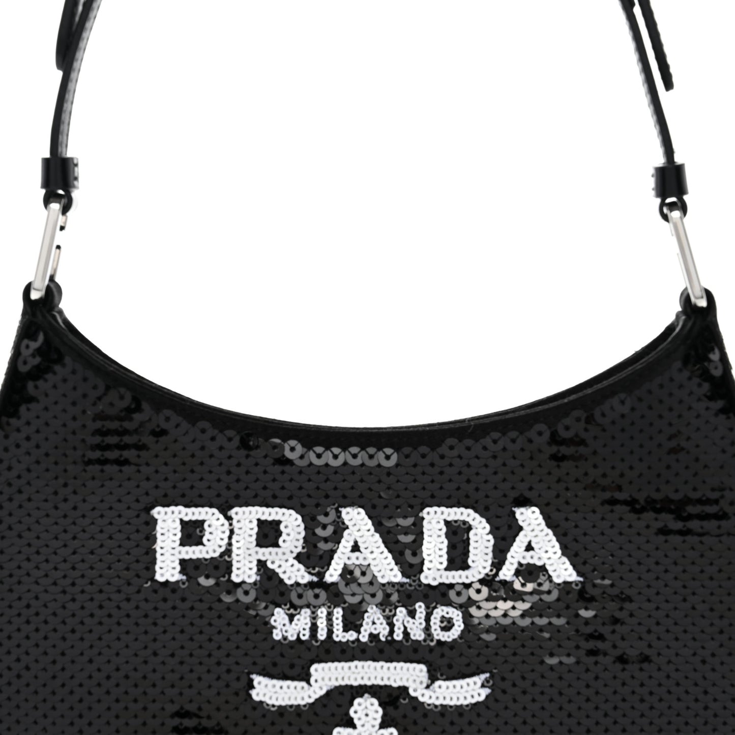Paillettes Sequin Logo Cleo Adjustable Strap Shoulder Bag Black White