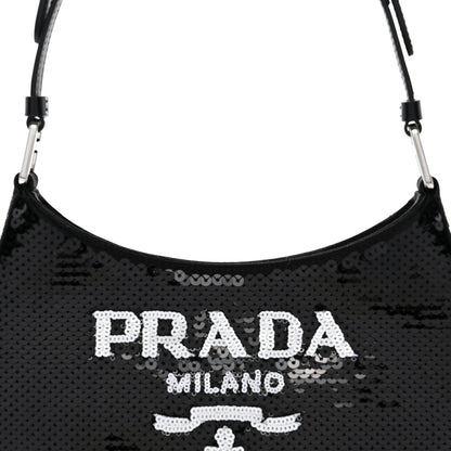 Prada Paillettes Sequin Logo Cleo Adjustable Strap Shoulder Bag Black White 8 of 10