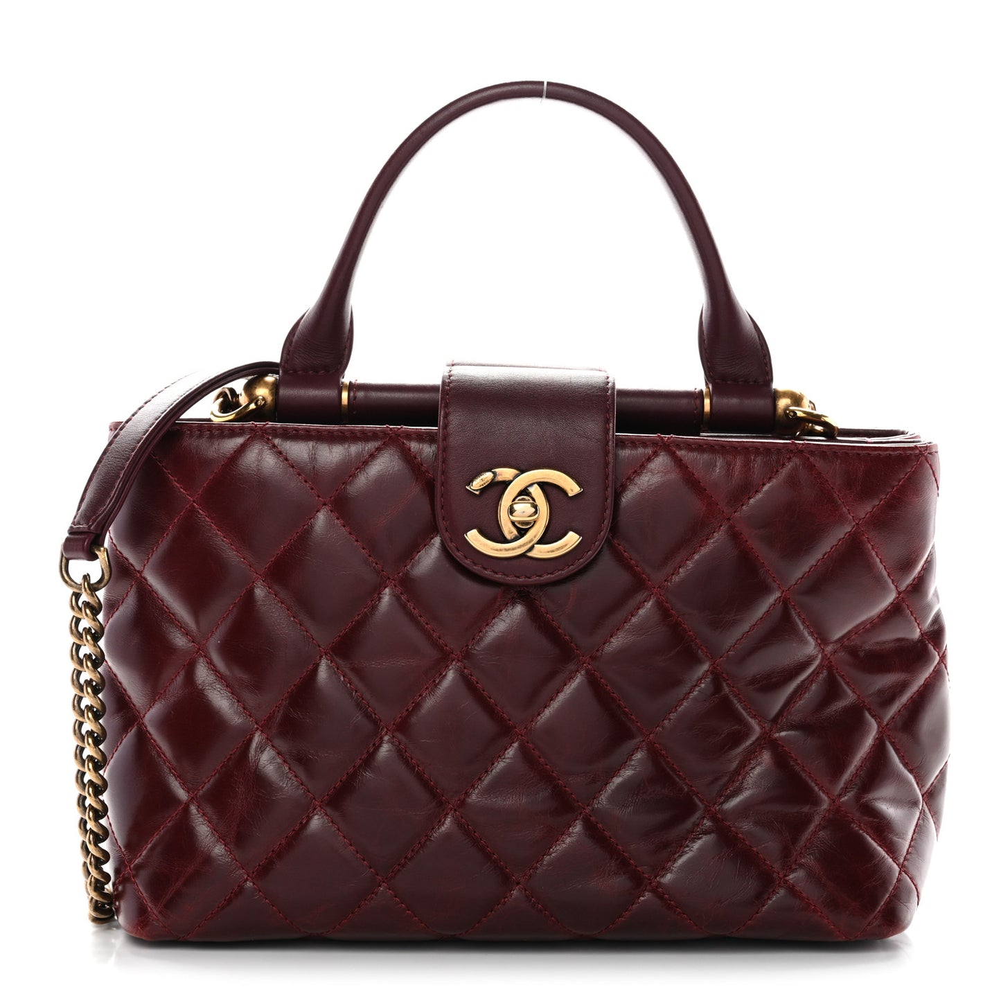 Glazed Calfskin Quilted Small Gold Bar Tote Red