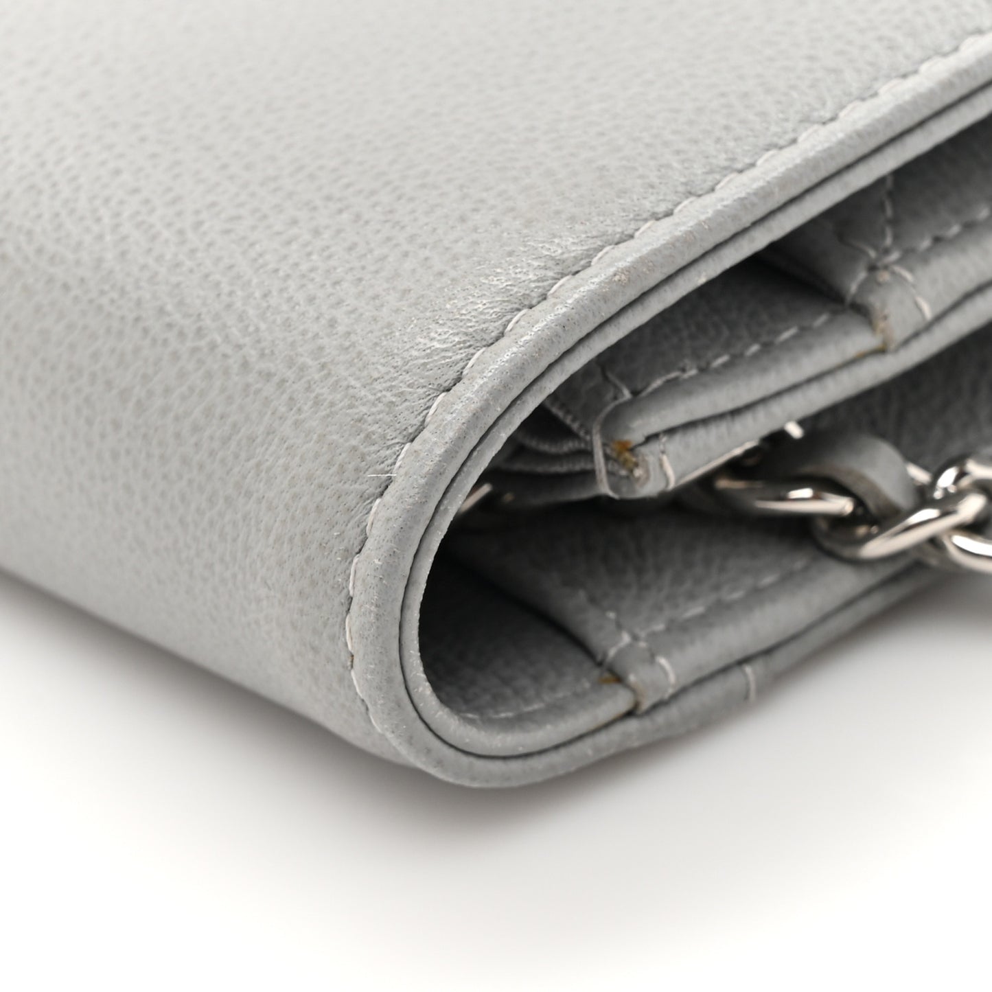 Grained Calfskin Quilted CC Box Wallet On Chain WOC Grey