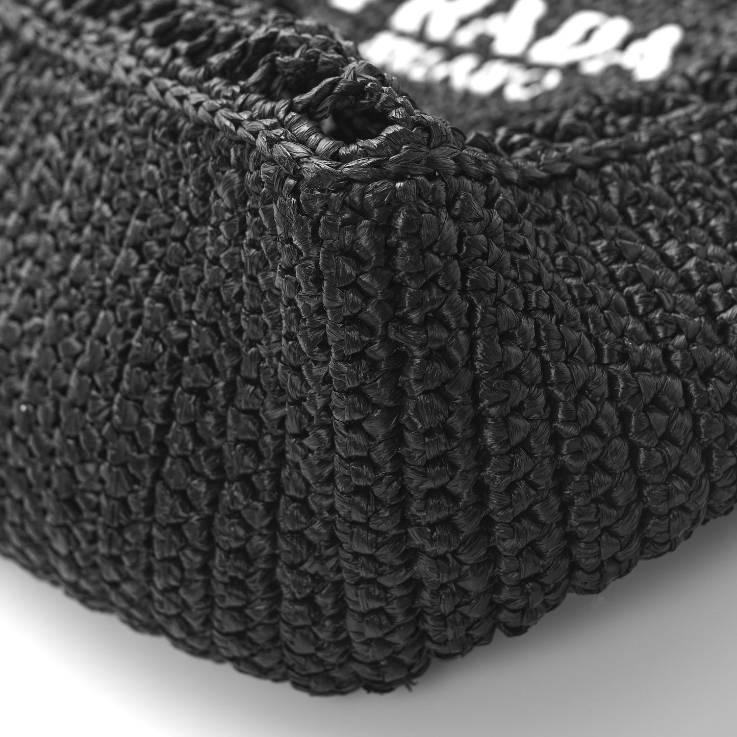 Yarn Raffia Effect Crochet Logo Embroidered Small Tote Bag Black