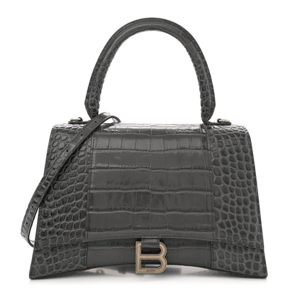 Balenciaga Shiny Calfskin Crocodile Embossed Medium Hourglass Top Handle Bag Dark Grey 1 of 10
