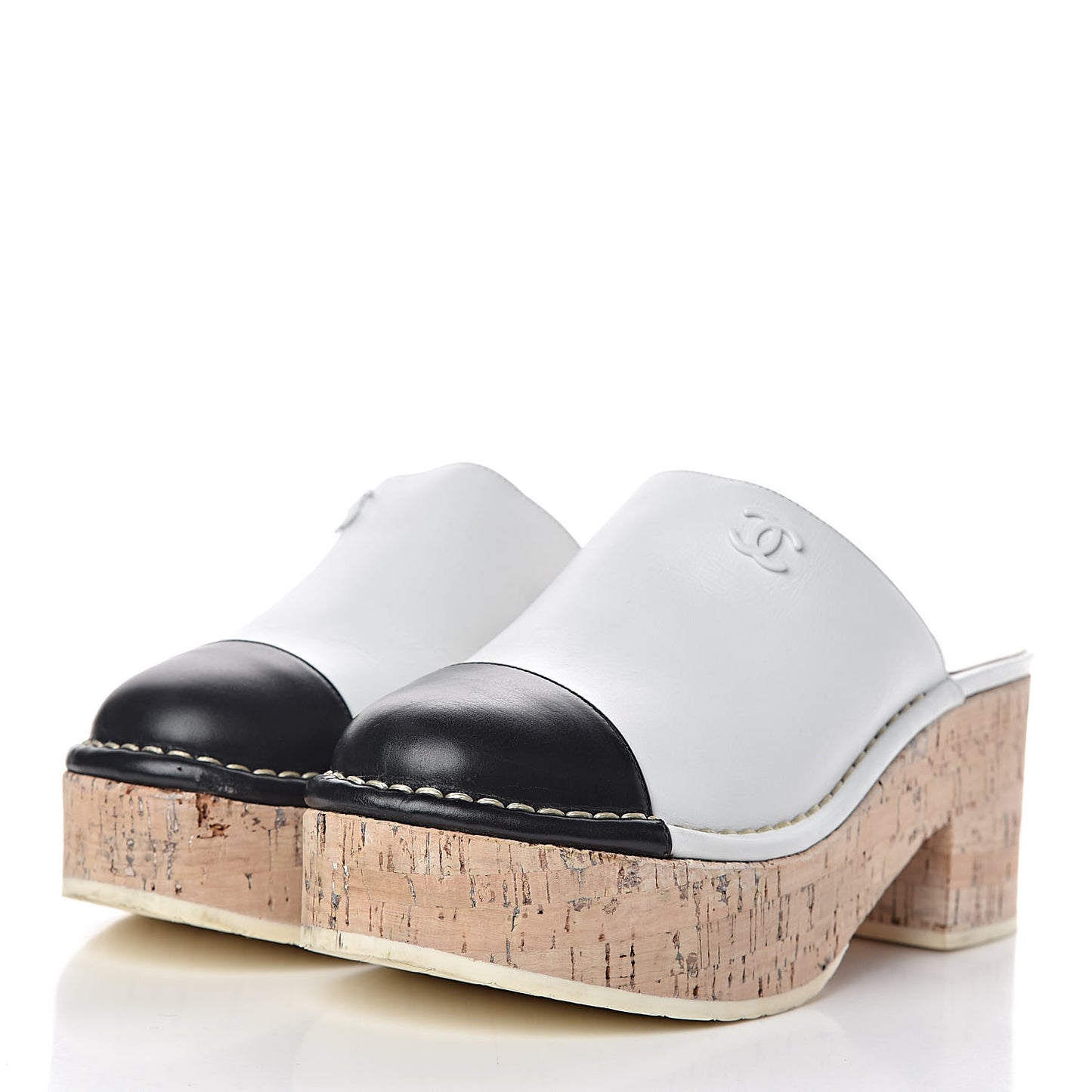 Calfskin Cork Cap Toe CC Clogs 38 White Black