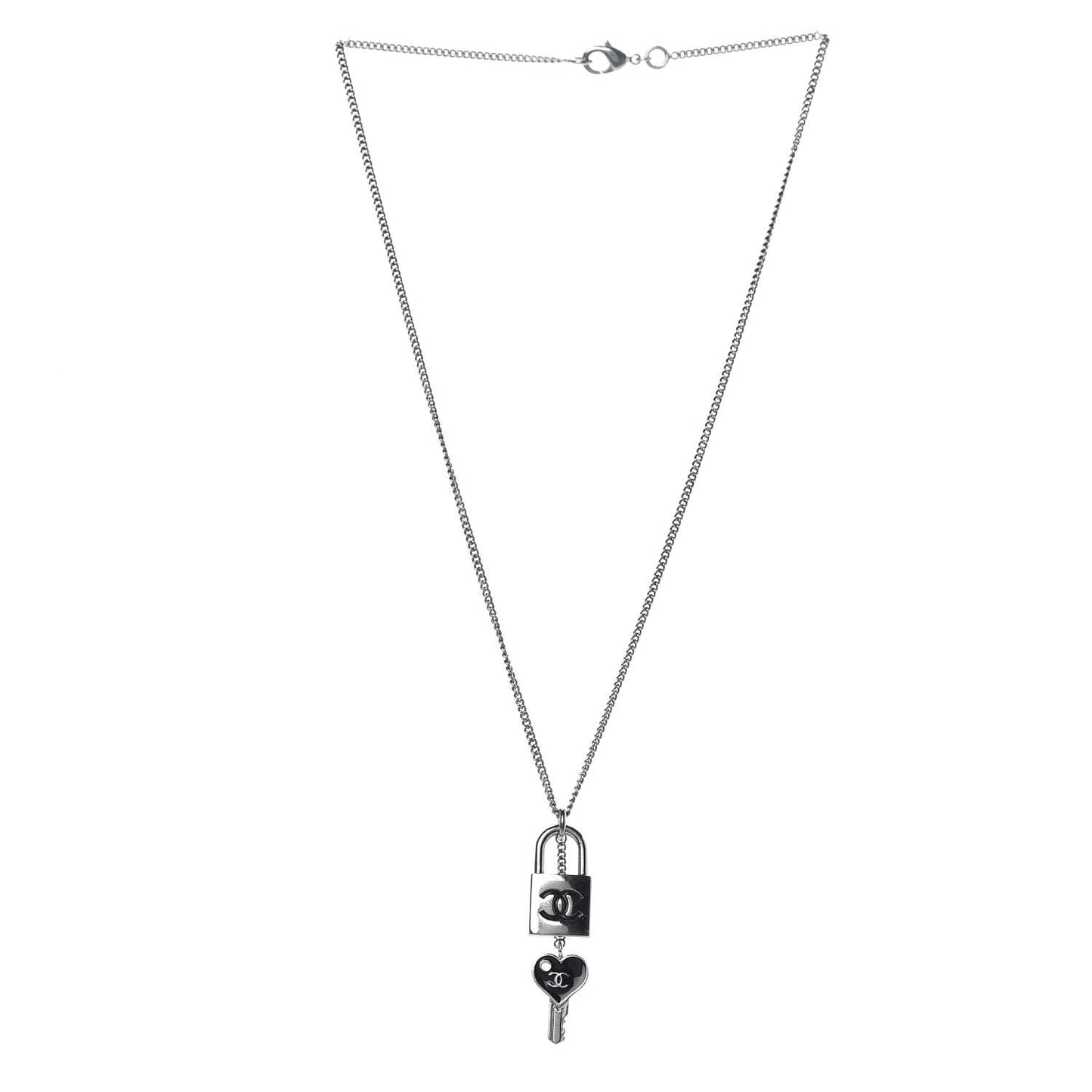 Enamel CC Padlock Heart Key Necklace Black Silver