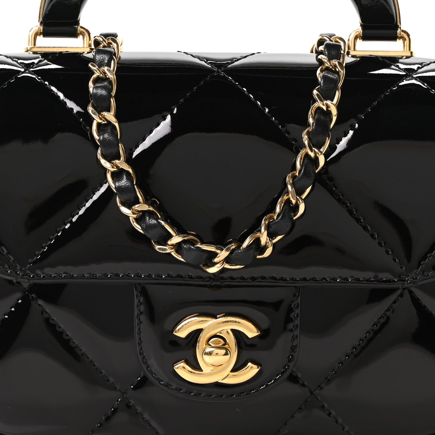 Metallic Mirror Calfskin Mini Top Handle Clutch With Chain  Black