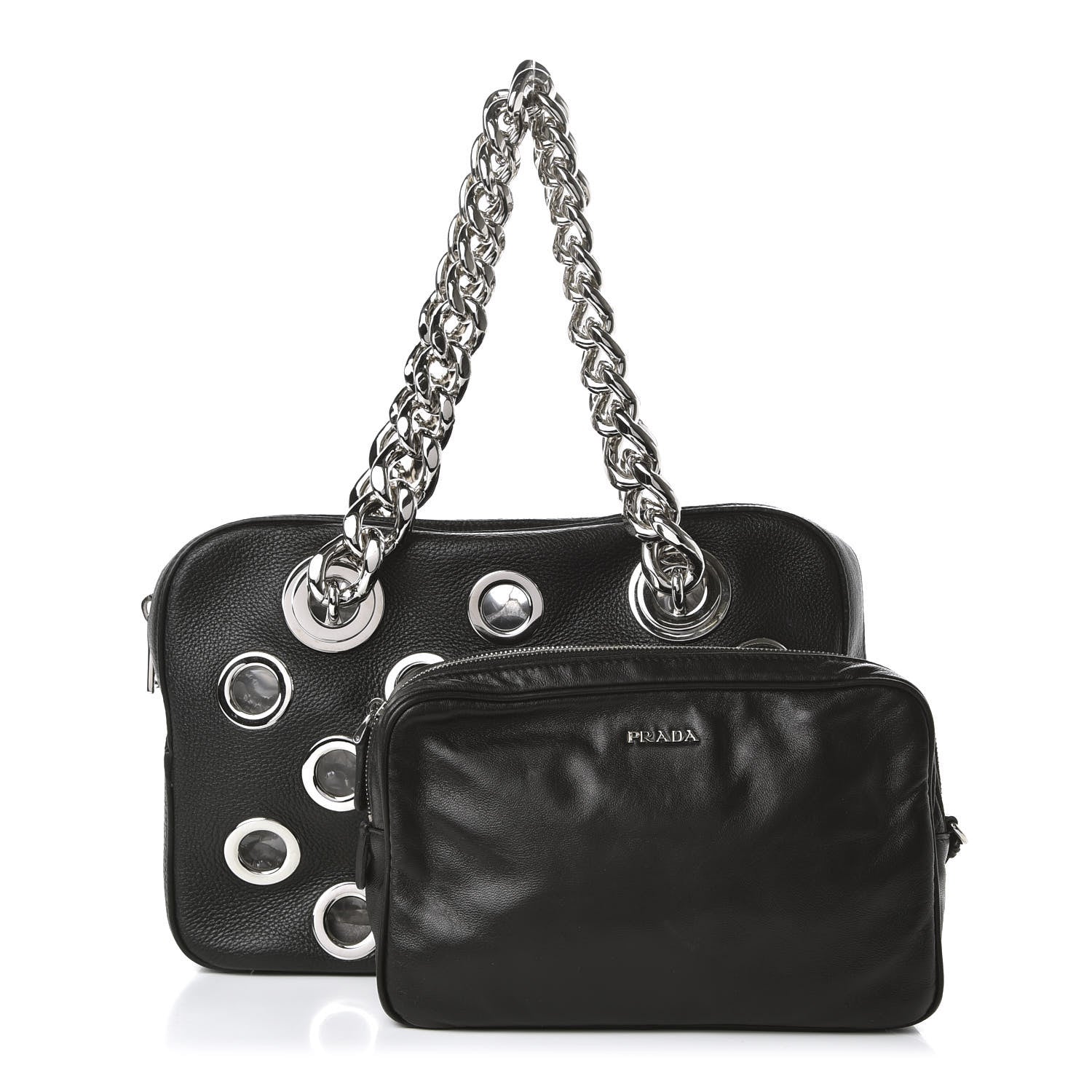 Prada Vitello Daino Grommet Chain Satchel Bag Black 3 of 10