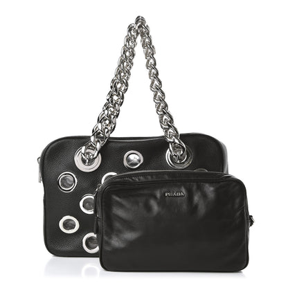 Prada Vitello Daino Grommet Chain Satchel Bag Black 3 of 10
