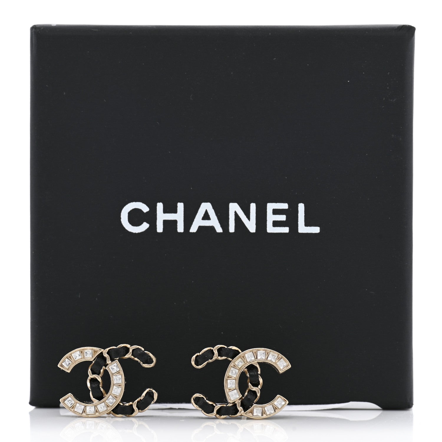 Chanel Crystal Baguette Lambskin Chain CC Vintage Allure Stud Earrings Black Gold 5 of 5