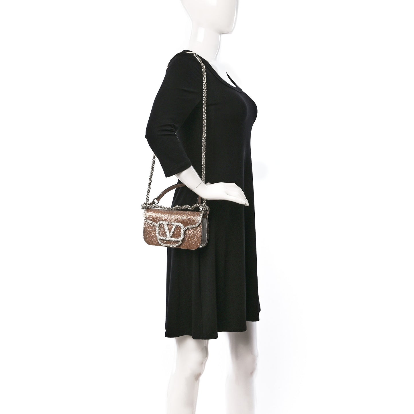 Swarovski Crystal Embroidered Vlogo Small Loco Shoulder Bag Crystal Rose Cannelle Silver