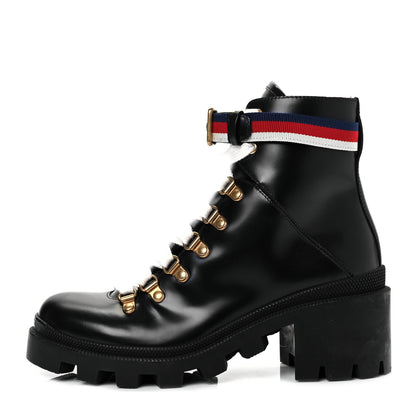 Gucci Calfskin Sylvie Web Lace Up Combat Boots 36 Black 1 of 9