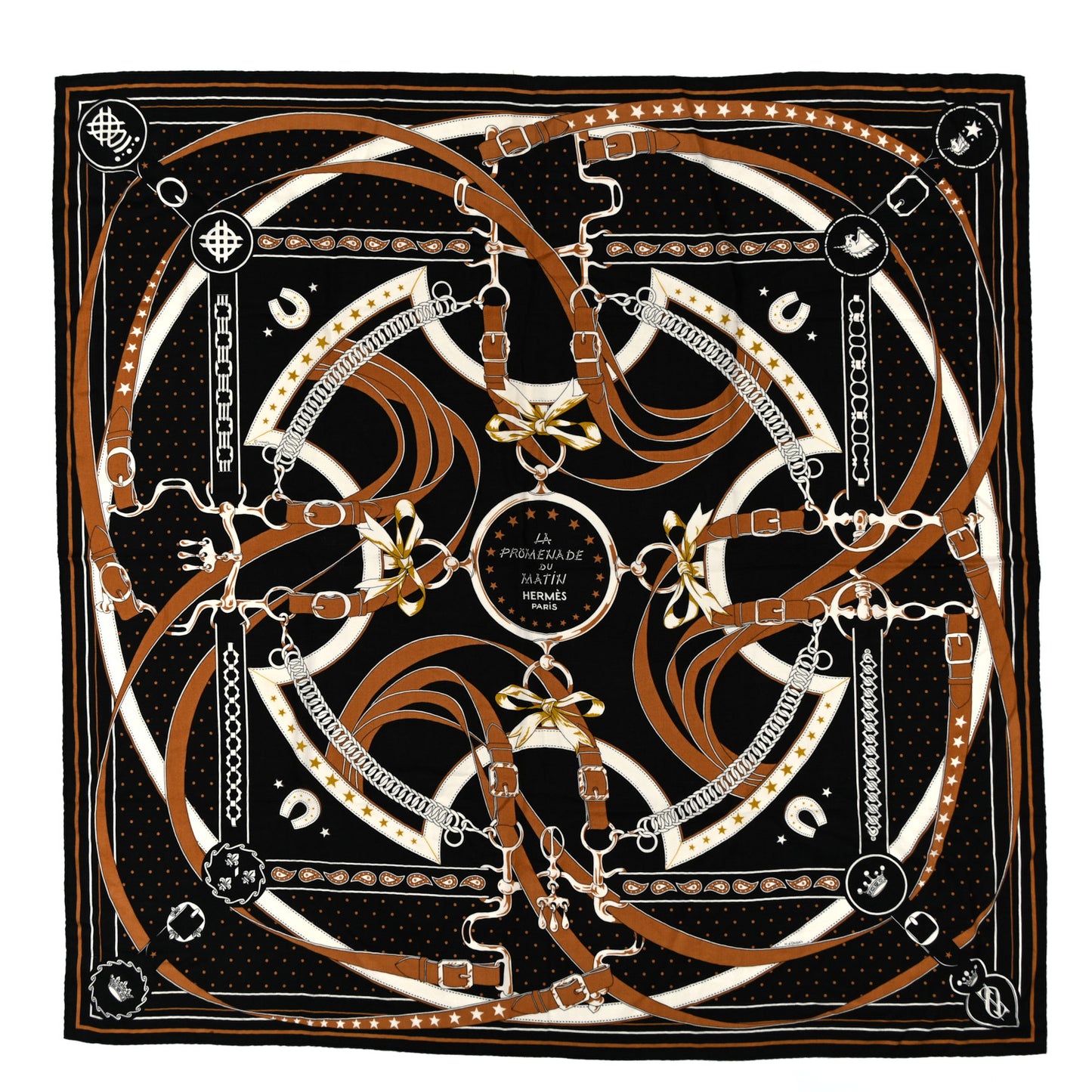 Cashmere Silk La Promenade du Matin Bandana Shawl 140 Black Noisette Gold