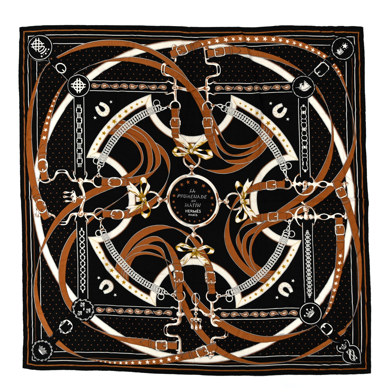 Hermes Cashmere Silk La Promenade du Matin Bandana Shawl 140 Black Noisette Gold 1 of 5