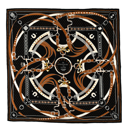 Hermes Cashmere Silk La Promenade du Matin Bandana Shawl 140 Black Noisette Gold 1 of 5
