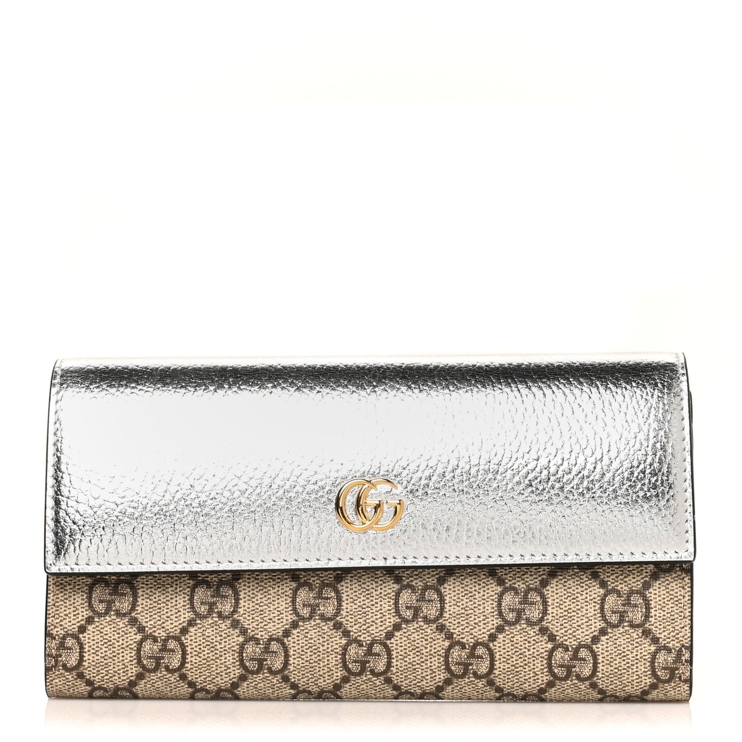 Metallic Calfskin GG Supreme Monogram GG Marmont Continental Wallet Silver Beige Ebony